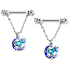 Load image into Gallery viewer, 14G 9/16 Blue Gem Butterfly Love Heart Dangle Nipple Ring Set