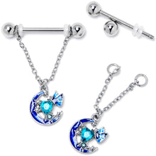 Load image into Gallery viewer, 14G 9/16 Blue Gem Butterfly Love Heart Dangle Nipple Ring Set