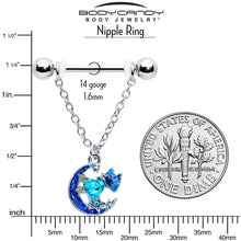 Load image into Gallery viewer, 14G 9/16 Blue Gem Butterfly Love Heart Dangle Nipple Ring Set