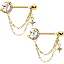将图片加载到图库查看器,14G 9/16 Clear Gem Gold Tone Moon Lover Dangle Nipple Ring Set