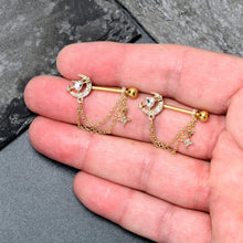 将图片加载到图库查看器,14G 9/16 Clear Gem Gold Tone Moon Lover Dangle Nipple Ring Set