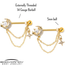 将图片加载到图库查看器,14G 9/16 Clear Gem Gold Tone Moon Lover Dangle Nipple Ring Set