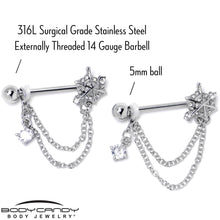 将图片加载到图库查看器,14G 9/16 Clear CZ Gem Spiderweb Chain Dangle Nipple Ring Set