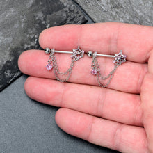 Load image into Gallery viewer, 14G 9/16 Pink CZ Gem Spiderweb Chain Dangle Nipple Ring Set