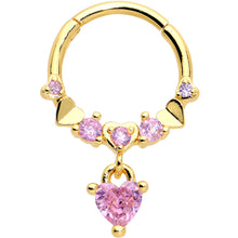 Load image into Gallery viewer, 16G 3/8 Pink CZ Gem Gold Tone Love Heart Dangle Hinged Segment Ring