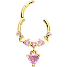 Load image into Gallery viewer, 16G 3/8 Pink CZ Gem Gold Tone Love Heart Dangle Hinged Segment Ring