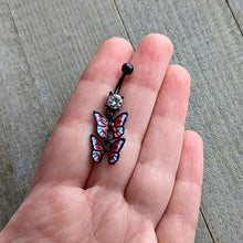 Load image into Gallery viewer, Clear CZ Gem Black Butterfly Duo Red Dangle Belly Ring