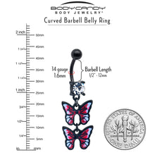 Load image into Gallery viewer, Clear CZ Gem Black Butterfly Duo Red Dangle Belly Ring