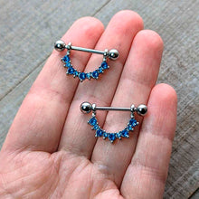 Load image into Gallery viewer, 14G 9/16 Blue CZ Gem December Birthstone Dangle Nipple Shield Set