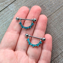 Load image into Gallery viewer, 14G 9/16 Blue CZ Gem March Birthstone Dangle Nipple Shield Set