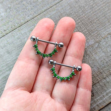 Load image into Gallery viewer, 14G 9/16 Green CZ Gem August Birthstone Dangle Nipple Shield Set