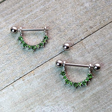 Load image into Gallery viewer, 14G 9/16 Green CZ Gem August Birthstone Dangle Nipple Shield Set