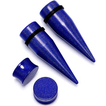 Load image into Gallery viewer, Blue Acrylic Shimmer Finish Taper Saddle Plug Set 6mm to 20mm Sizes