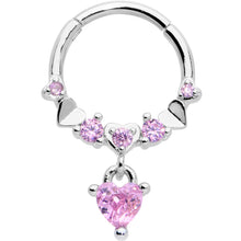Load image into Gallery viewer, 16G 3/8 Pink CZ Gem Love Heart Dangle Hinged Segment Ring
