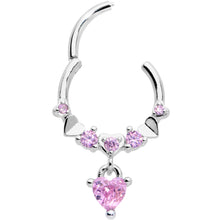 Load image into Gallery viewer, 16G 3/8 Pink CZ Gem Love Heart Dangle Hinged Segment Ring