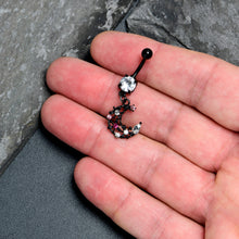 将图片加载到图库查看器,Clear Pink CZ Gem Black Flower Moon Dangle Belly Ring