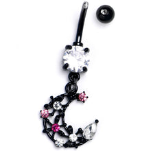 将图片加载到图库查看器,Clear Pink CZ Gem Black Flower Moon Dangle Belly Ring