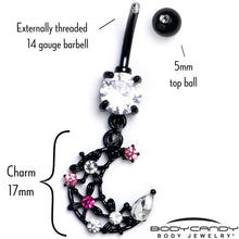 将图片加载到图库查看器,Clear Pink CZ Gem Black Flower Moon Dangle Belly Ring