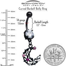 将图片加载到图库查看器,Clear Pink CZ Gem Black Flower Moon Dangle Belly Ring