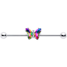 Load image into Gallery viewer, 14G Rainbow CZ Gem Simply Colorful Butterfly Industrial Barbell 38mm