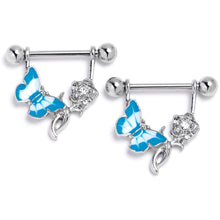 Load image into Gallery viewer, 14G 9/16 Butterfly Blue Rose Flower Dangle Nipple Ring Set