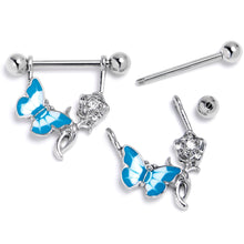 Load image into Gallery viewer, 14G 9/16 Butterfly Blue Rose Flower Dangle Nipple Ring Set