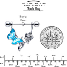 Load image into Gallery viewer, 14G 9/16 Butterfly Blue Rose Flower Dangle Nipple Ring Set