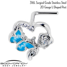 Load image into Gallery viewer, 20G 7mm Clear CZ Gem Butterfly Rose Flower Blue L Shape Nose Ring