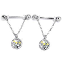 Load image into Gallery viewer, 14G 9/16 Clear Gem Cat Yellow Flowers Chain Dangle Nipple Ring Set