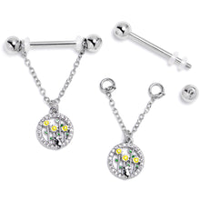 Load image into Gallery viewer, 14G 9/16 Clear Gem Cat Yellow Flowers Chain Dangle Nipple Ring Set