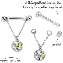 Load image into Gallery viewer, 14G 9/16 Clear Gem Cat Yellow Flowers Chain Dangle Nipple Ring Set