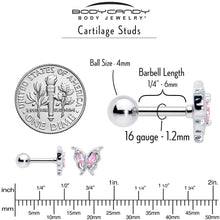 Load image into Gallery viewer, 16G 1/4 Pink Gem Fancy Fab Butterfly Cartilage Tragus Earring