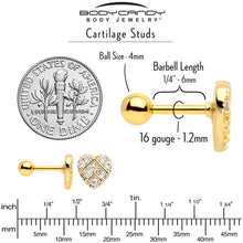 Load image into Gallery viewer, 16G 1/4 Clear Gem Gold Tone Lattice Heart Cartilage Tragus Earring