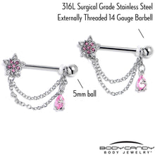 Load image into Gallery viewer, 14G 9/16 Pink CZ Gem Snowflake Flower Chain Dangle Nipple Ring Set