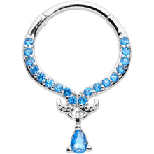 Load image into Gallery viewer, 16G 3/8 Blue CZ Gem Elegant Curves Dangle Hinged Segment Ring