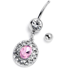 将图片加载到图库查看器,Pink Clear Gem Flower Oval Elegance Dangle Belly Ring