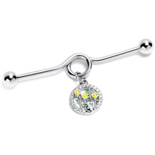 Load image into Gallery viewer, 14G Clear Gem Cat Yellow Flowers Dangle Project Bar 38mm