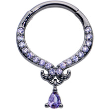 Load image into Gallery viewer, 16G 3/8 Purple CZ Gem Black Elegant Curves Dangle Hinged Segment Ring