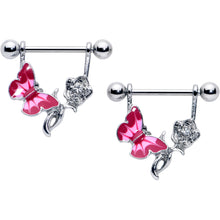 Load image into Gallery viewer, 14G 9/16 Butterfly Pink Rose Flower Dangle Nipple Ring Set