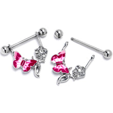 Load image into Gallery viewer, 14G 9/16 Butterfly Pink Rose Flower Dangle Nipple Ring Set