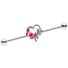Load image into Gallery viewer, 14G Clear Gem Butterfly Rose Flower Pink Industrial Barbell 38mm