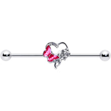 Load image into Gallery viewer, 14G Clear Gem Butterfly Rose Flower Pink Industrial Barbell 38mm