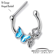 Load image into Gallery viewer, 16G 5/6 Clear Gem Butterfly Rose Flower Blue Cartilage Clicker
