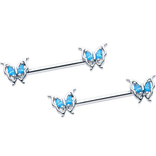Load image into Gallery viewer, 14G 9/16 Blue Gem Fancy Fab Butterfly Barbell Nipple Ring Set