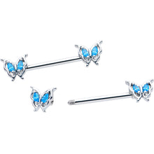 Load image into Gallery viewer, 14G 9/16 Blue Gem Fancy Fab Butterfly Barbell Nipple Ring Set