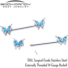 Load image into Gallery viewer, 14G 9/16 Blue Gem Fancy Fab Butterfly Barbell Nipple Ring Set