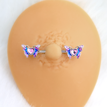 Load image into Gallery viewer, 14G 9/16 Pink Gem Heart Butterfly Purple Barbell Nipple Ring Set