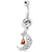 Load image into Gallery viewer, Orange Clear Gem Constellation Moon Dangle Belly Ring