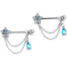 Load image into Gallery viewer, 14G 9/16 Blue CZ Gem Snowflake Flower Chain Dangle Nipple Ring Set