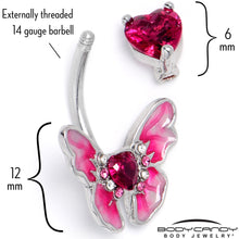 Load image into Gallery viewer, Pink CZ Gem Butterfly Love Heart Double Mount Belly Ring